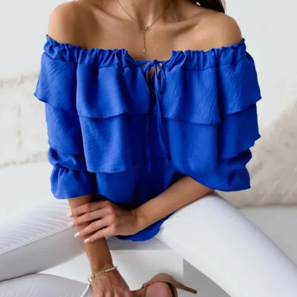 Matilda - Dam Blus i löst sittande chiffong med off-shoulder design och volangkant, elastisk axelrem