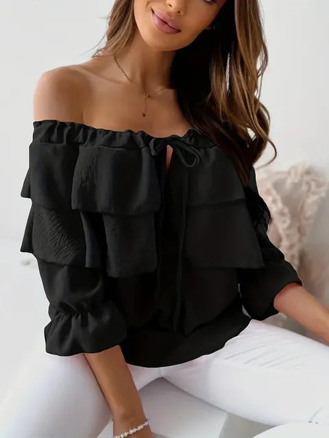 Matilda - Dam Blus i löst sittande chiffong med off-shoulder design och volangkant, elastisk axelrem