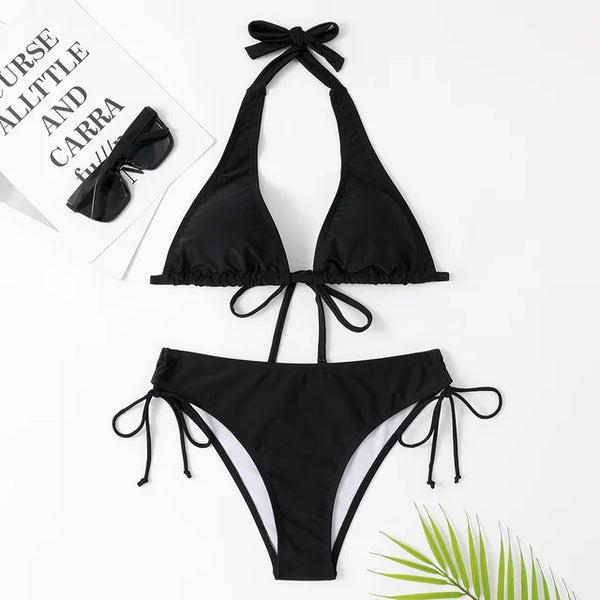 JUDITH - Dam Bikini Set med låg midja och enfärgad halter: Trådfri support, avtagbar vaddering