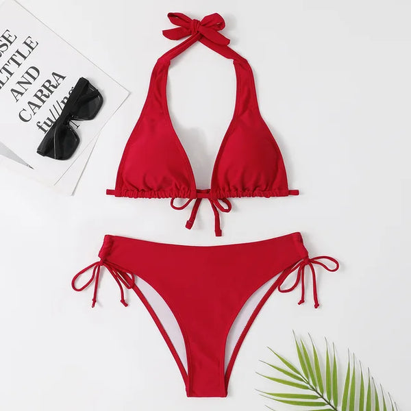 JUDITH - Dam Bikini Set med låg midja och enfärgad halter: Trådfri support, avtagbar vaddering