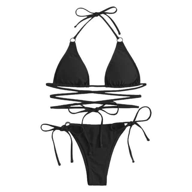 ELSA - Ribbad Halter Bikini Set med ryggfritt design och sidobundna trosor