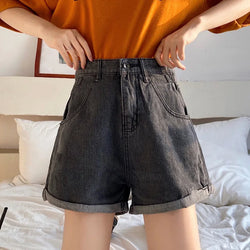 TARA - Dam Sommar Högmidjade Denimshorts med vida ben och knappar