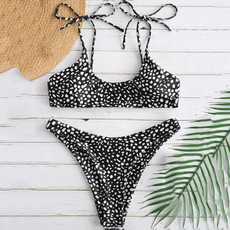 KARIN - Leopard Lace-Up Bikini Set: High Waist Brazilian Thong Swimwear för Kvinnor