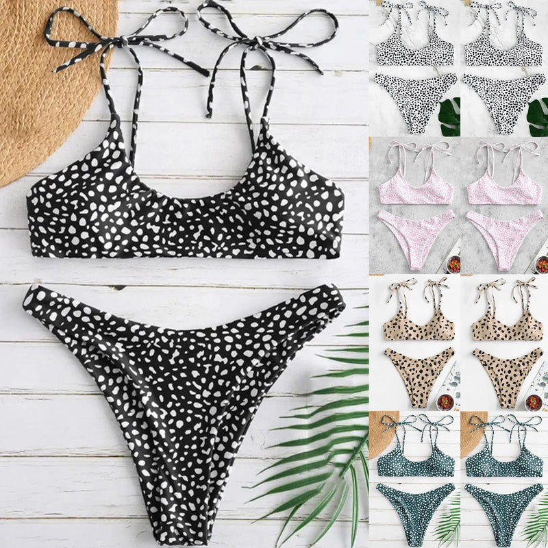 KARIN - Leopard Lace-Up Bikini Set: High Waist Brazilian Thong Swimwear för Kvinnor