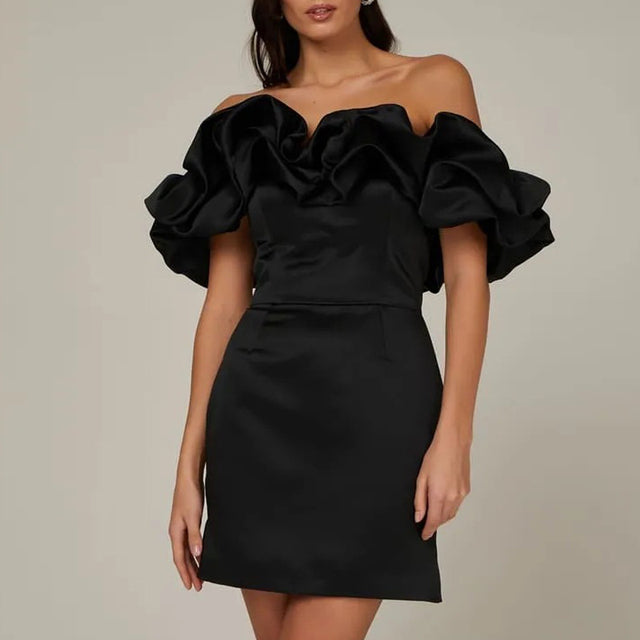 HANNAH - Satin mini off-the-shoulder klänning