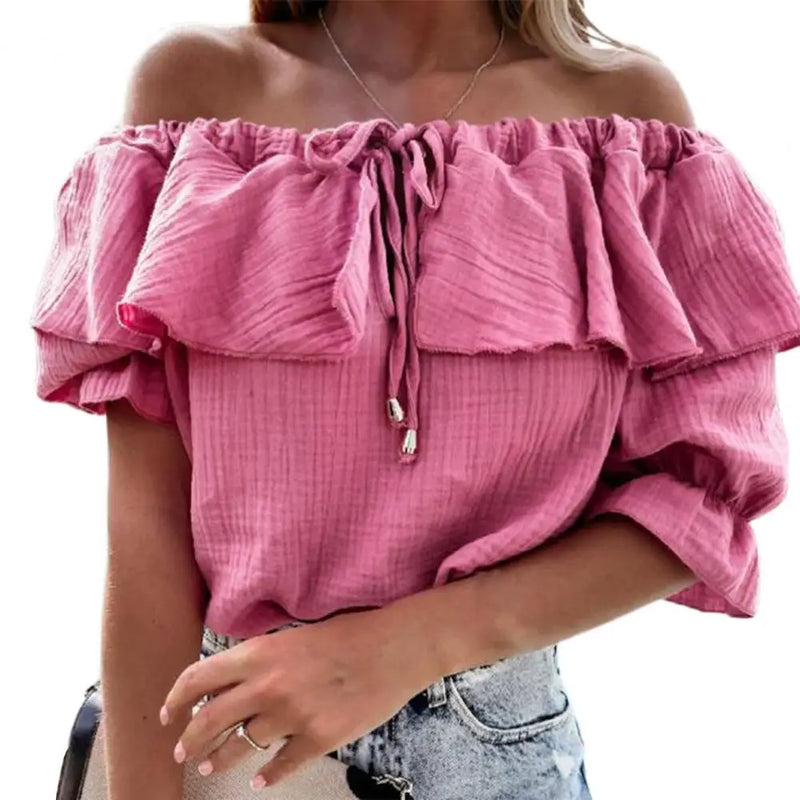 Mia - Dam Rynkad Blus med Off Shoulder och Knutdetalj