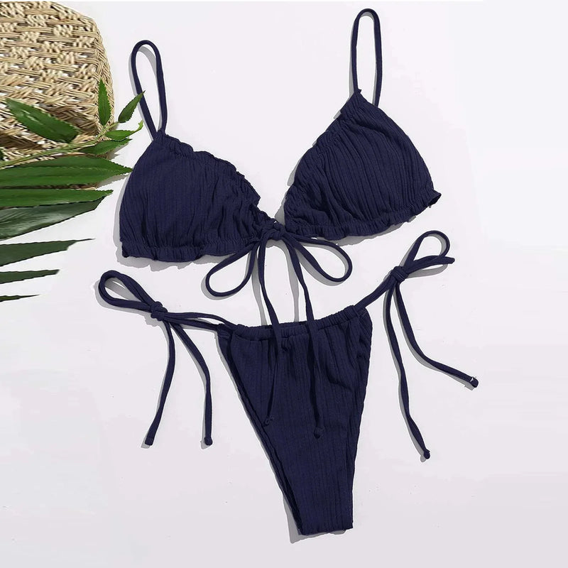 NATALIE - Kvinnors Sommar Bikini Set: Enfärgad Bandagebadkläder med Mini Tanga Botten