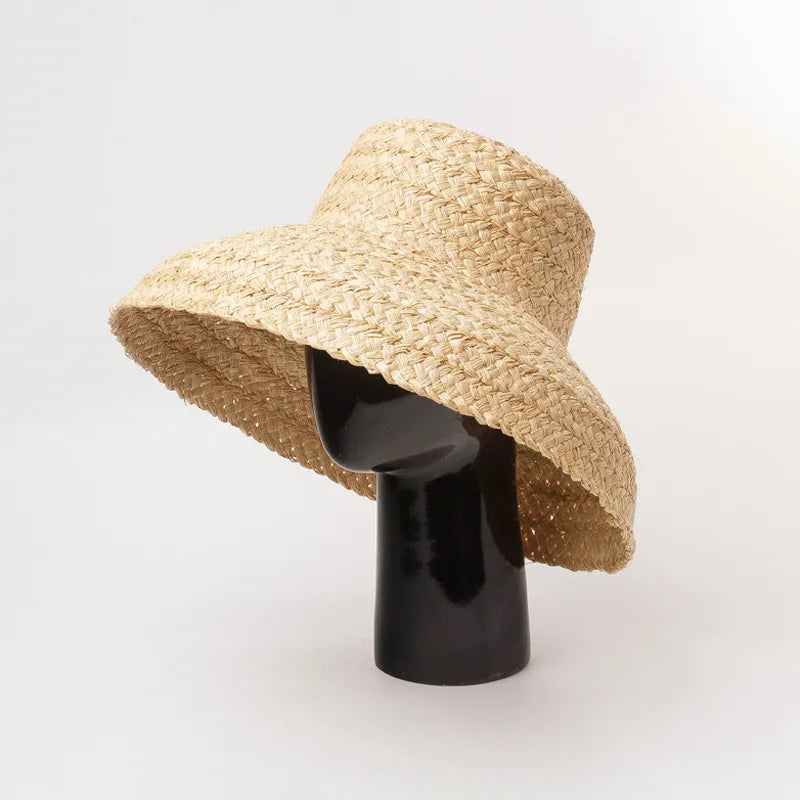 CARLOTA - Bred brättad Raffia strandhatt för kvinnor