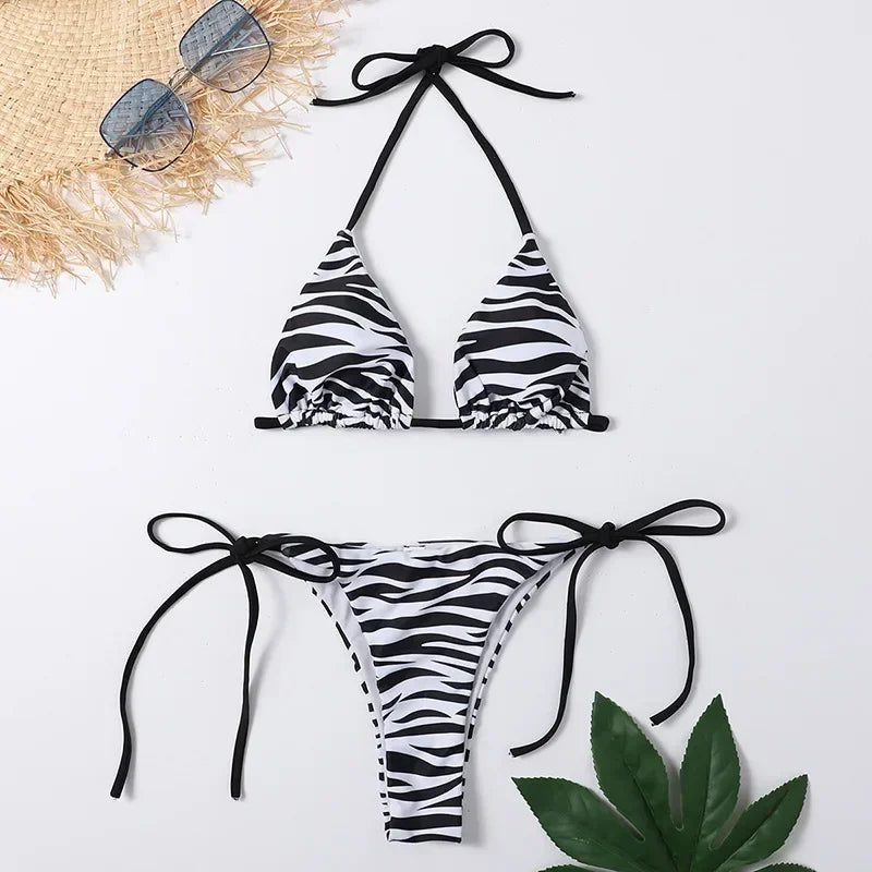 CHRISTA - Dam Bikini Set med Zebra Mönster - Micro Trosa, Låg Midja, Trådfri Support