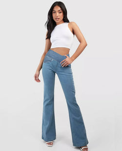 CHARLOTTA - Dam Högmidjade Stretchiga Utställda Jeans