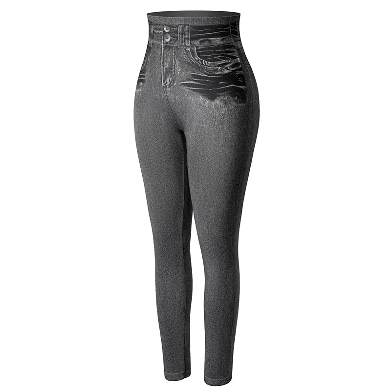 SARA - Kvinnors High-Waisted Faux Denim Jeggings - Magekontroll, Slim Fit, Sömlösa Skinnybyxor