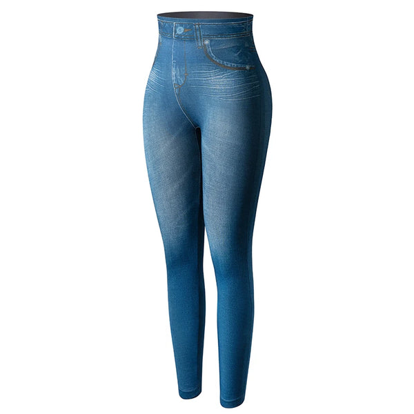 SARA - Kvinnors High-Waisted Faux Denim Jeggings - Magekontroll, Slim Fit, Sömlösa Skinnybyxor