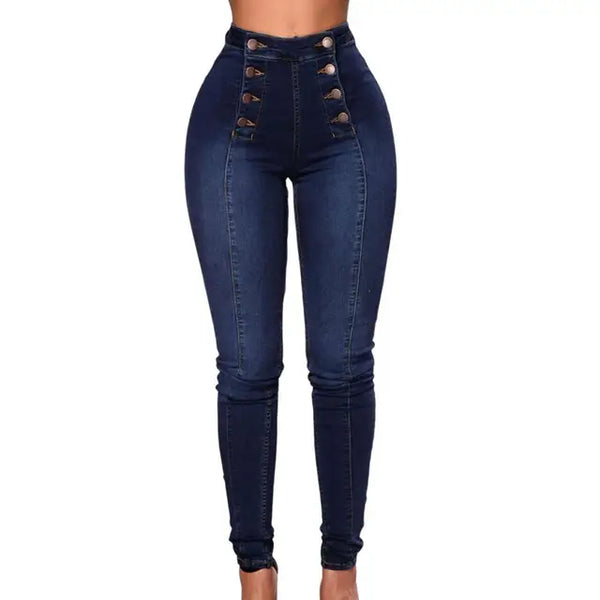 NINA - Kvinnors High Waist Dubbelknäppta Jeans - Modernt Skinny Passform med Knappdekoration, Formande Fickor