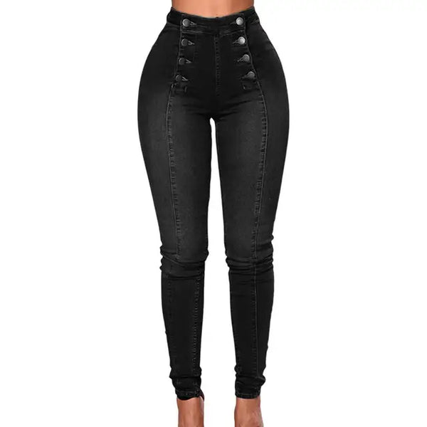 NINA - Kvinnors High Waist Dubbelknäppta Jeans - Modernt Skinny Passform med Knappdekoration, Formande Fickor