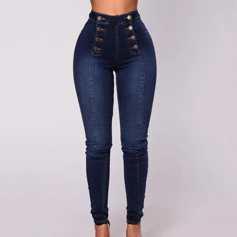 NINA - Kvinnors High Waist Dubbelknäppta Jeans - Modernt Skinny Passform med Knappdekoration, Formande Fickor