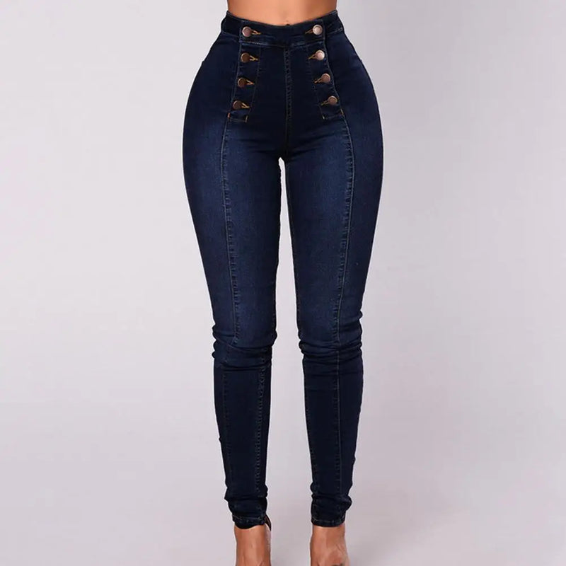 NINA - Kvinnors High Waist Dubbelknäppta Jeans - Modernt Skinny Passform med Knappdekoration, Formande Fickor