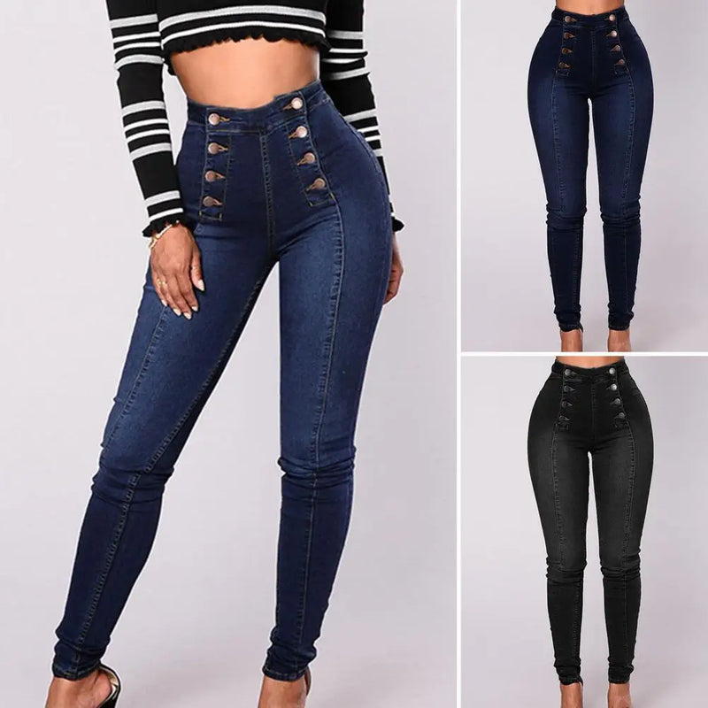 NINA - Kvinnors High Waist Dubbelknäppta Jeans - Modernt Skinny Passform med Knappdekoration, Formande Fickor