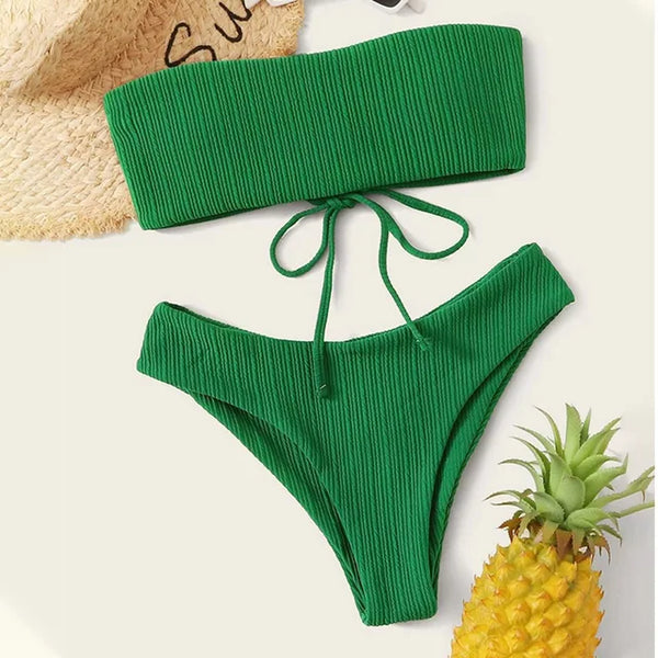 TONIE - Högskuren ribbad grön mikro bandeau bikini-set: Brasiliansk stil