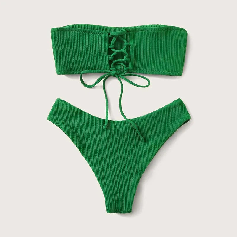 TONIE - Högskuren ribbad grön mikro bandeau bikini-set: Brasiliansk stil