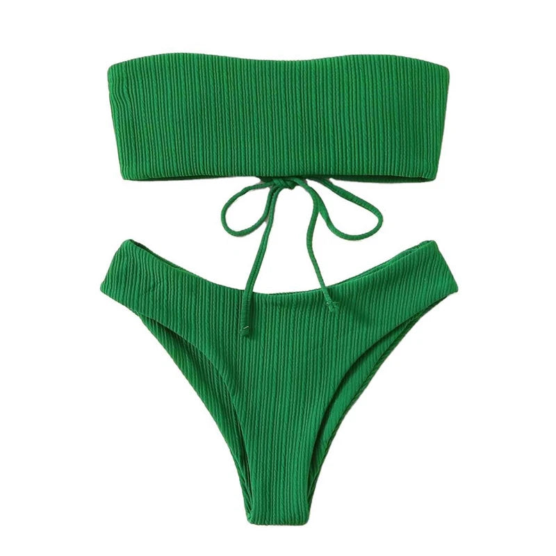 TONIE - Högskuren ribbad grön mikro bandeau bikini-set: Brasiliansk stil