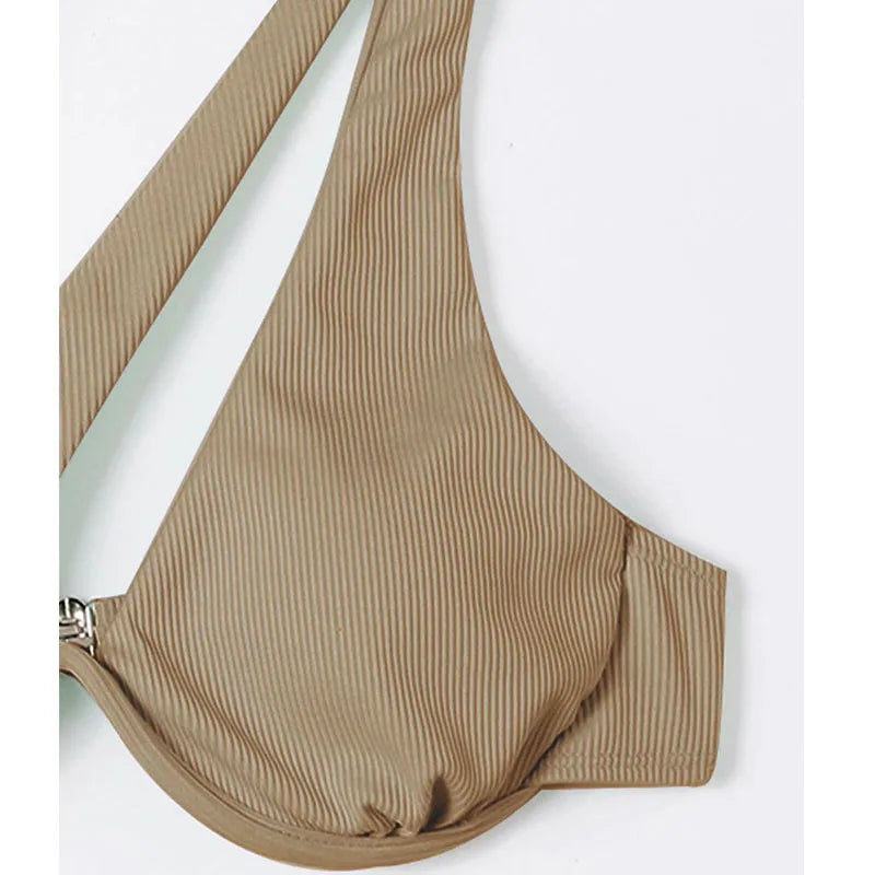 BIRGITTA - Damens One-Shoulder Bikini Set - Enfärgat mönster, Trådfri support, Passform med mellanhög midja