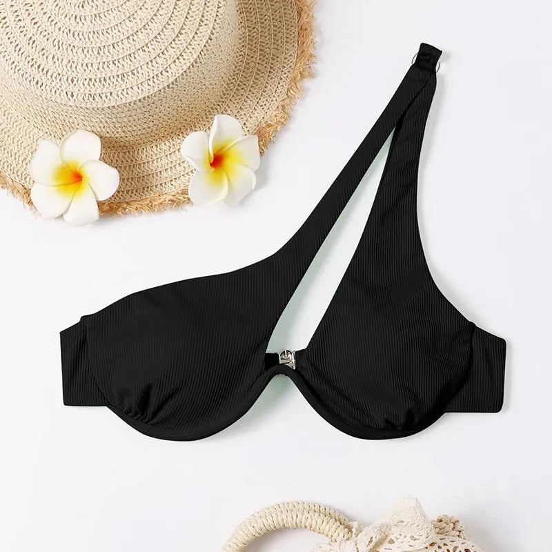 BIRGITTA - Damens One-Shoulder Bikini Set - Enfärgat mönster, Trådfri support, Passform med mellanhög midja