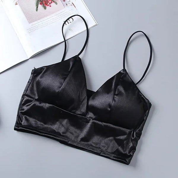 SAILA - Dam Satin Bralette Trådlös Beskuren Topp med Spaghettiband och Bröstvaddering