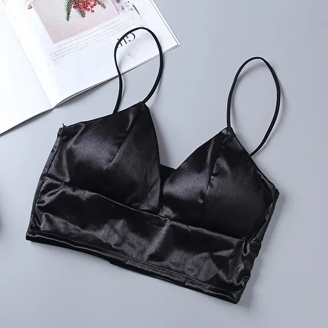 SAILA - Dam Satin Bralette Trådlös Beskuren Topp med Spaghettiband och Bröstvaddering