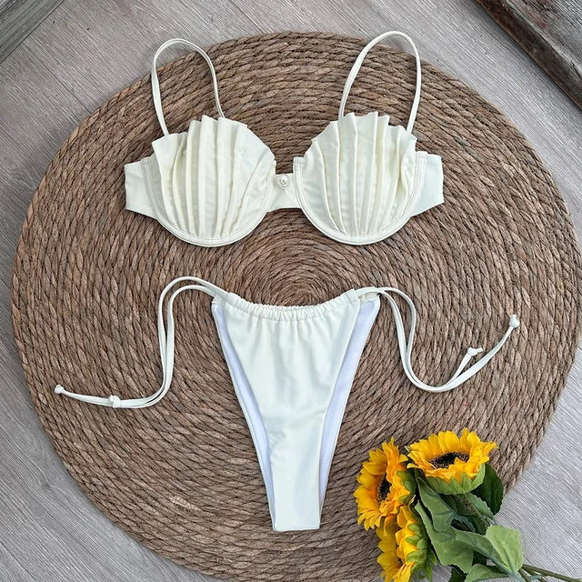 AURORA - Dam Micro Bikini Set med snäckdesign, tanga-stil, trådfritt och låg midja