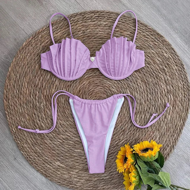 AURORA - Dam Micro Bikini Set med snäckdesign, tanga-stil, trådfritt och låg midja