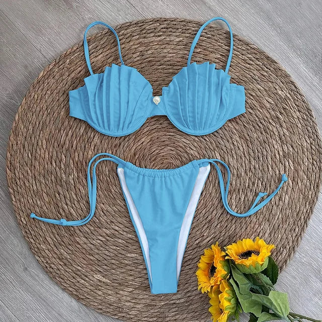 AURORA - Dam Micro Bikini Set med snäckdesign, tanga-stil, trådfritt och låg midja