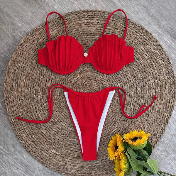 AURORA - Dam Micro Bikini Set med snäckdesign, tanga-stil, trådfritt och låg midja