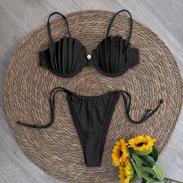 AURORA - Dam Micro Bikini Set med snäckdesign, tanga-stil, trådfritt och låg midja