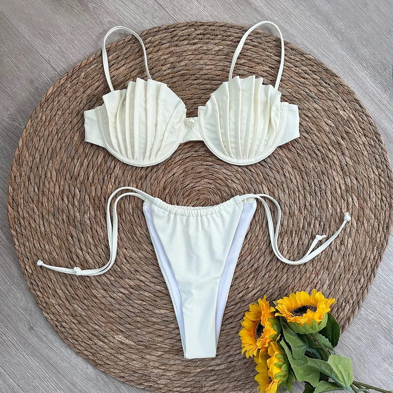 AURORA - Dam Micro Bikini Set med snäckdesign, tanga-stil, trådfritt och låg midja