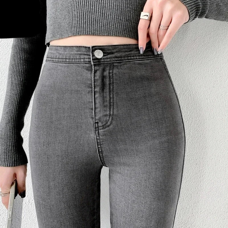 EMILIA - Damers Super Stretch Skinny Jeans: Hög Midja, Knäppning med Knappar, Mångsidig Säsongsbunden Användning