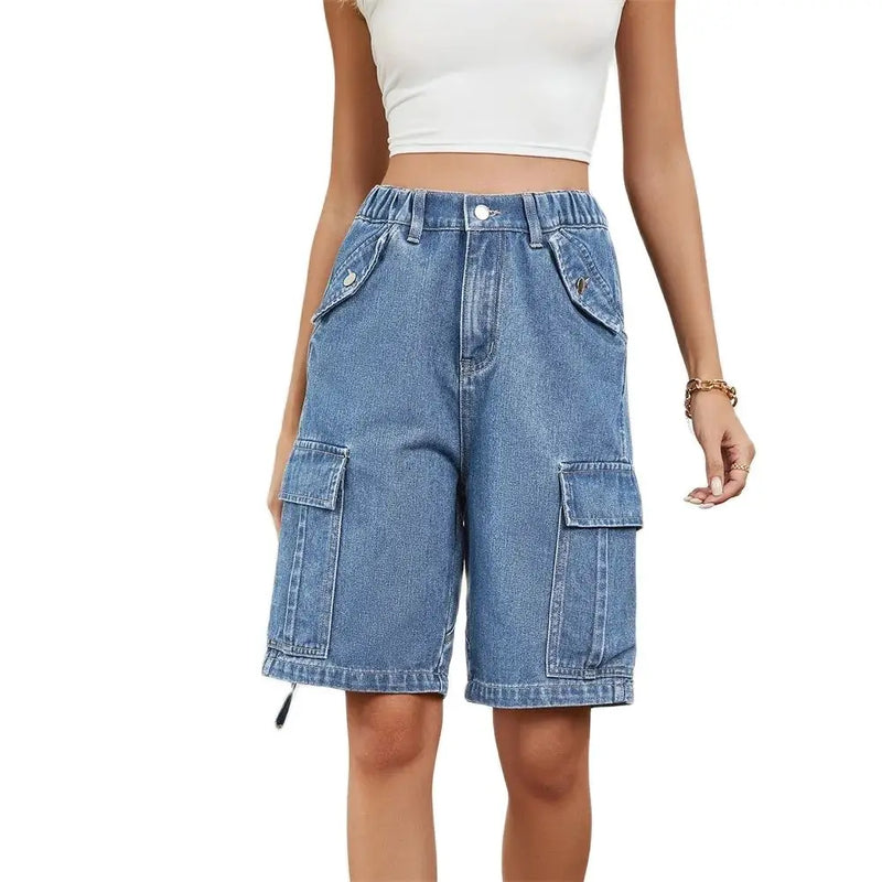 Lovisa - Kvinnors midjehöga elastiska denimcargoshorts