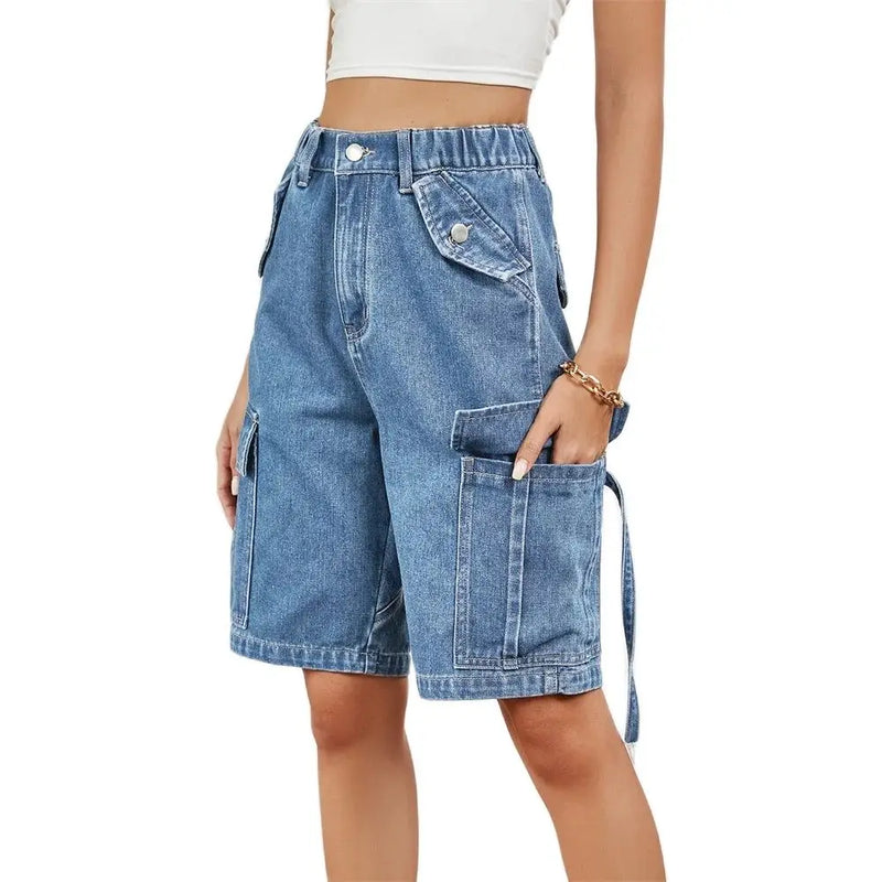 Lovisa - Kvinnors midjehöga elastiska denimcargoshorts