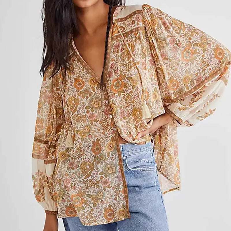 HENRYKA - Boho-blommig tryck V-ringad blus