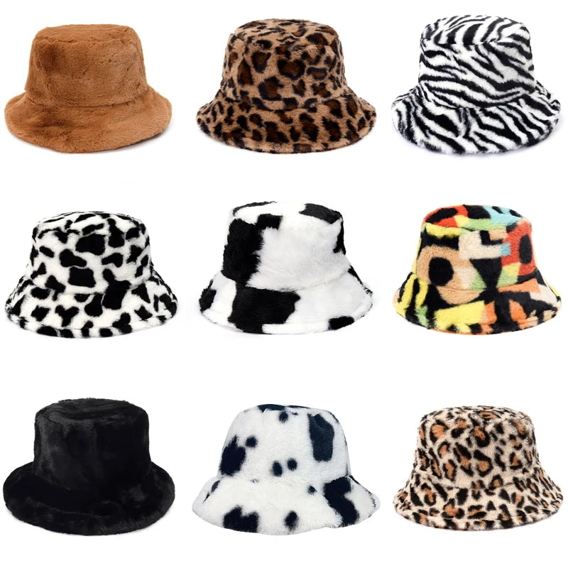 Selina - Vinterko Leopard Fuskpäls Bucket Hat