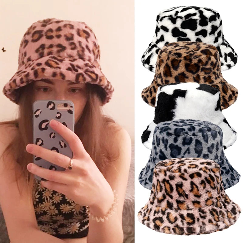 Selina - Vinterko Leopard Fuskpäls Bucket Hat