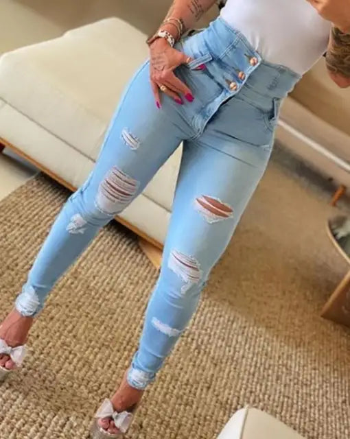 REBECCA - Damers Stretch Ripped High Waist Skinny Denimbyxor - Modiska Slim Fit Jeggings för Vår och Höst