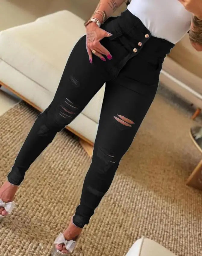 REBECCA - Damers Stretch Ripped High Waist Skinny Denimbyxor - Modiska Slim Fit Jeggings för Vår och Höst