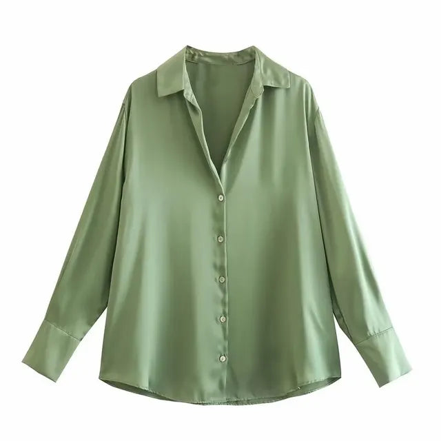 Wilma - Dam Satin Button Down Blus: Långärmad, V-ringad