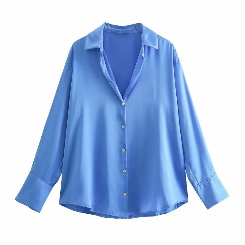 Wilma - Dam Satin Button Down Blus: Långärmad, V-ringad