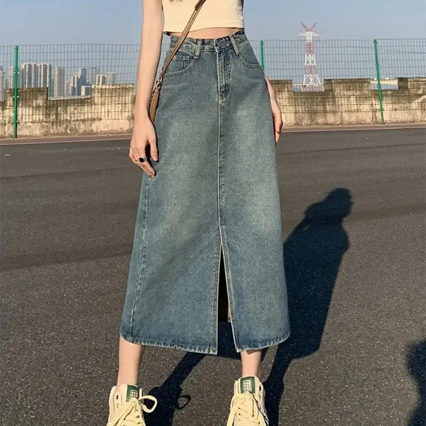 CHLOE - Sommarbris high-waist-denimkjol med slits