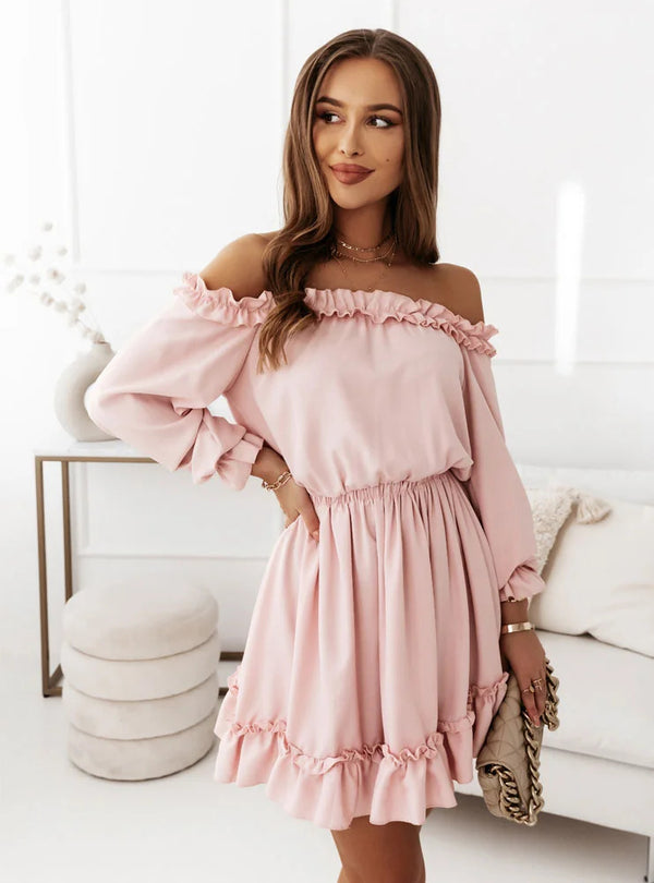 RONJA - Lång off-the-shoulder klänning med puffärmar